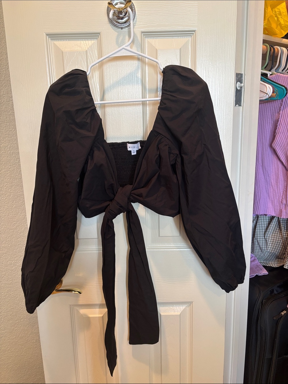 Mable Angel Front Ribbon Self Tie Crop Top Black Size Medium
